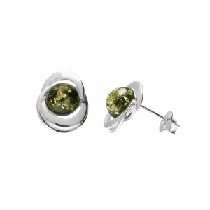 MILENA Earrings Silver and Green Baltic Amber Elegant Rounds