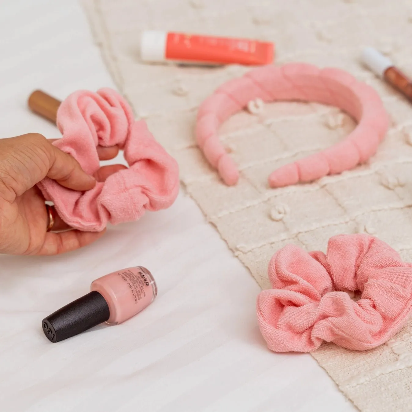 Puffy Terry Cloth Padded Spa Headband with Scrunchies-Pink