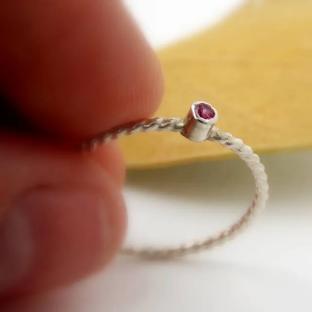 Tiny Rope Birthstone Ring - 925 Sterling Silver Stacking Ring Set with 2mm Faceted Birthstone in a Tube Setting