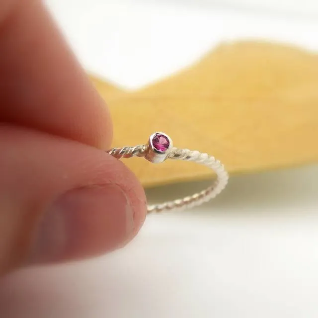 Tiny Rope Birthstone Ring - 925 Sterling Silver Stacking Ring Set with 2mm Faceted Birthstone in a Tube Setting