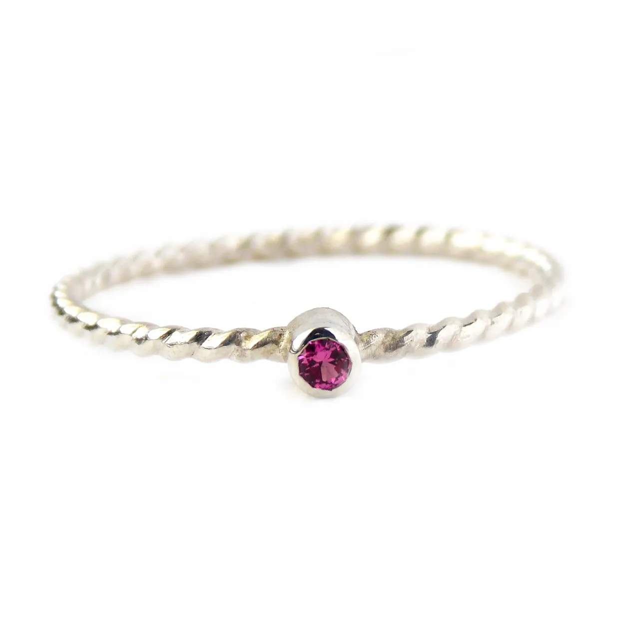 Tiny Rope Birthstone Ring - 925 Sterling Silver Stacking Ring Set with 2mm Faceted Birthstone in a Tube Setting