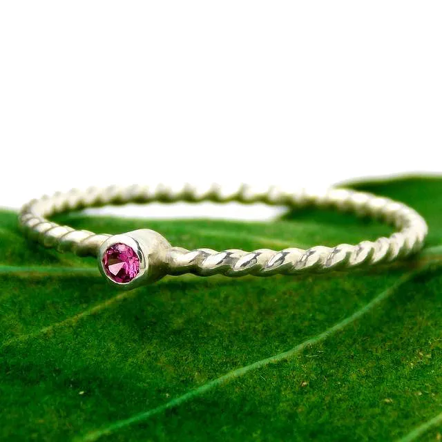 Tiny Rope Birthstone Ring - 925 Sterling Silver Stacking Ring Set with 2mm Faceted Birthstone in a Tube Setting