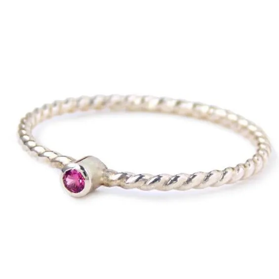 Tiny Rope Birthstone Ring - 925 Sterling Silver Stacking Ring Set with 2mm Faceted Birthstone in a Tube Setting