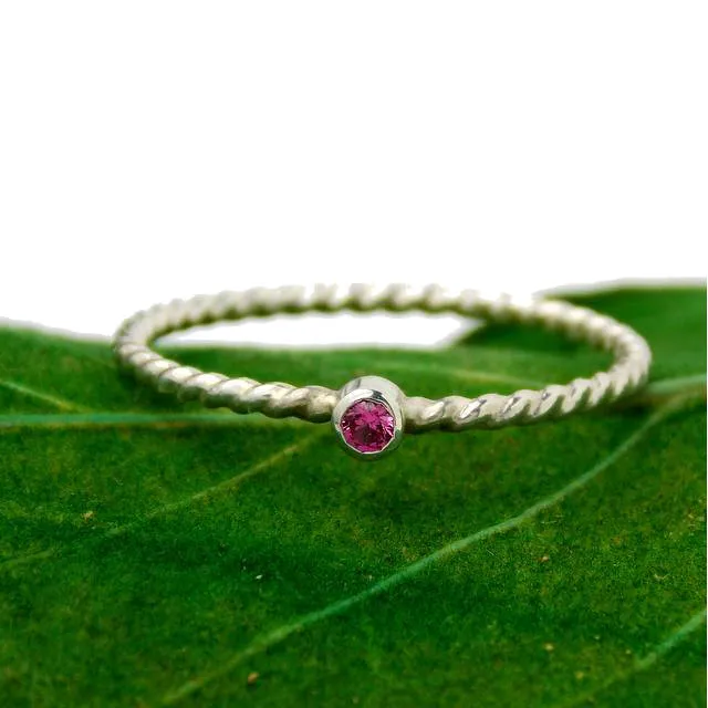 Tiny Rope Birthstone Ring - 925 Sterling Silver Stacking Ring Set with 2mm Faceted Birthstone in a Tube Setting
