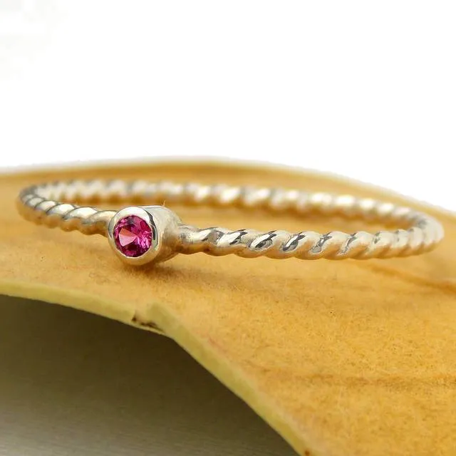 Tiny Rope Birthstone Ring - 925 Sterling Silver Stacking Ring Set with 2mm Faceted Birthstone in a Tube Setting