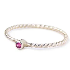 Tiny Rope Birthstone Ring - 925 Sterling Silver Stacking Ring Set with 2mm Faceted Birthstone in a Tube Setting