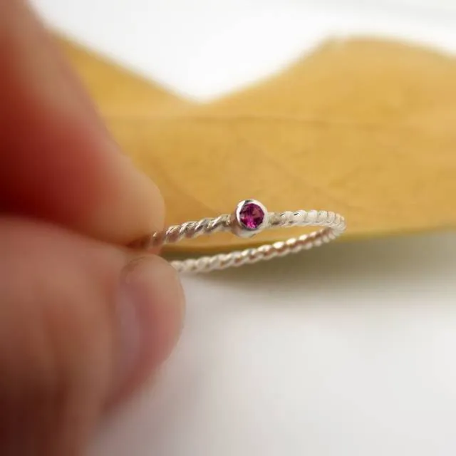 Tiny Rope Birthstone Ring - 925 Sterling Silver Stacking Ring Set with 2mm Faceted Birthstone in a Tube Setting