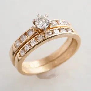 Vintage 14k Gold Round Brilliant Cut Diamond Ring Set